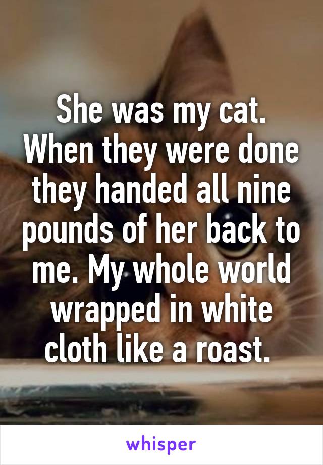 She was my cat. When they were done they handed all nine pounds of her back to me. My whole world wrapped in white cloth like a roast. 