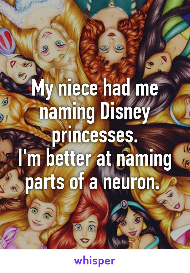 My niece had me naming Disney princesses.
I'm better at naming parts of a neuron. 