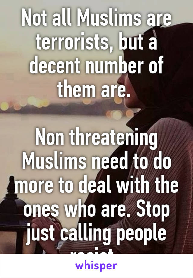 Not all Muslims are terrorists, but a decent number of them are. 

Non threatening Muslims need to do more to deal with the ones who are. Stop just calling people racist. 