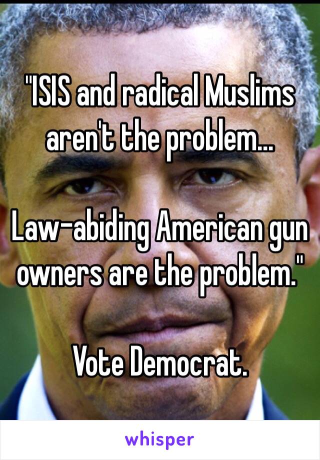 "ISIS and radical Muslims aren't the problem...

Law-abiding American gun owners are the problem."

Vote Democrat.