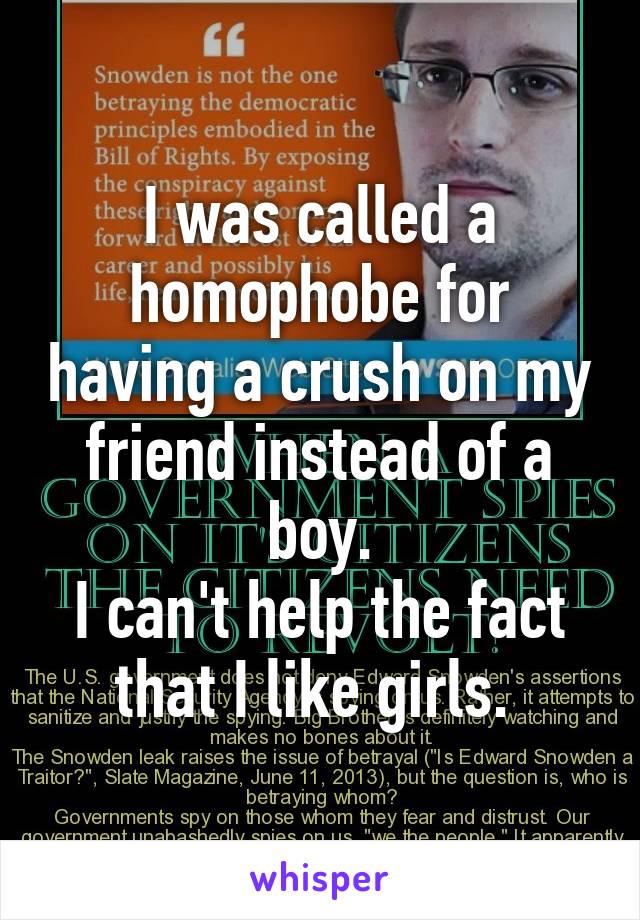 I was called a homophobe for having a crush on my friend instead of a boy.
I can't help the fact that I like girls. 