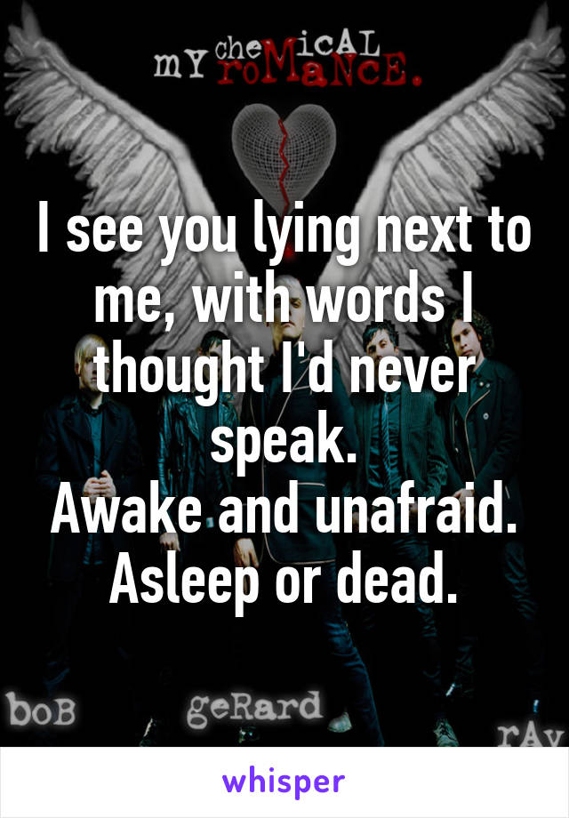 I see you lying next to me, with words I thought I'd never speak.
Awake and unafraid.
Asleep or dead.