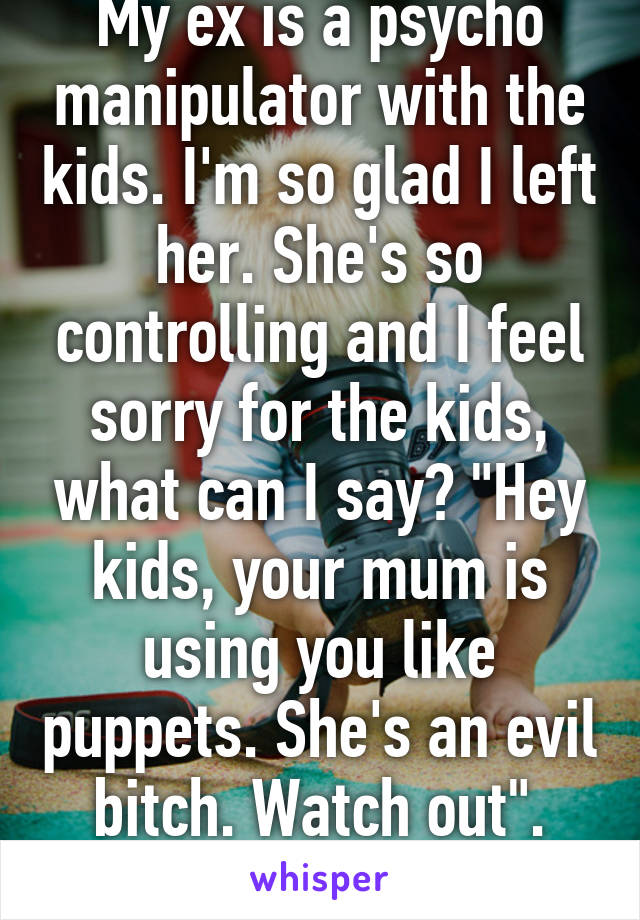 My ex is a psycho manipulator with the kids. I'm so glad I left her. She's so controlling and I feel sorry for the kids, what can I say? "Hey kids, your mum is using you like puppets. She's an evil bitch. Watch out".
?