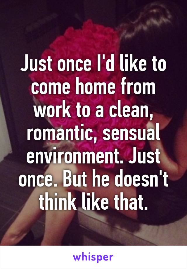Just once I'd like to come home from work to a clean, romantic, sensual environment. Just once. But he doesn't think like that.