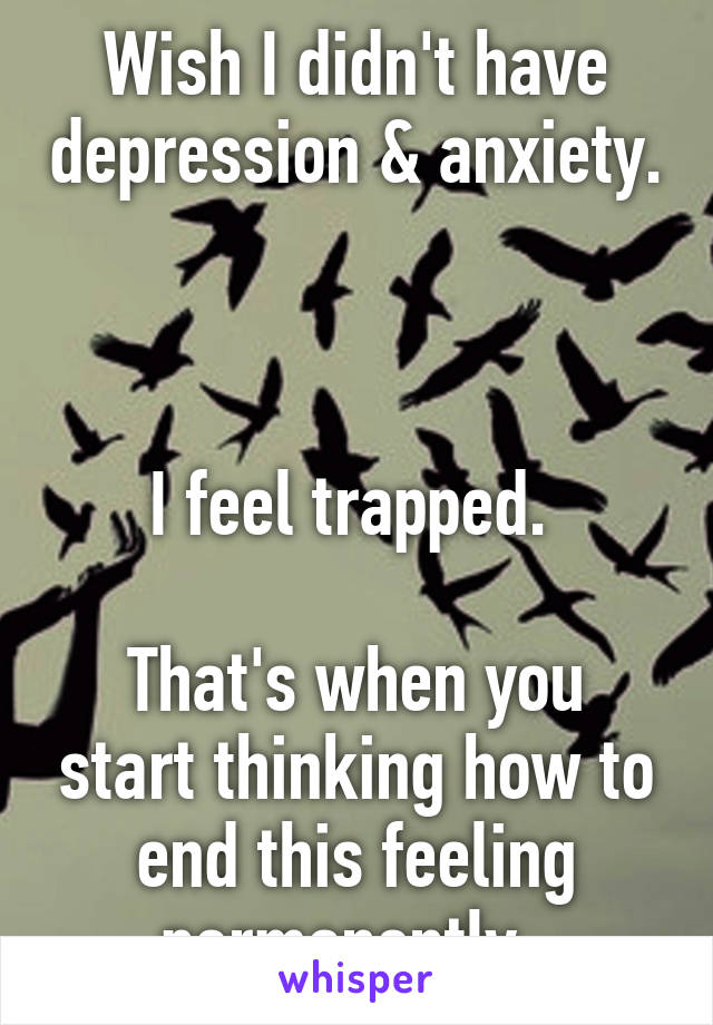 Wish I didn't have depression & anxiety. 


I feel trapped. 

That's when you start thinking how to end this feeling permanently  
