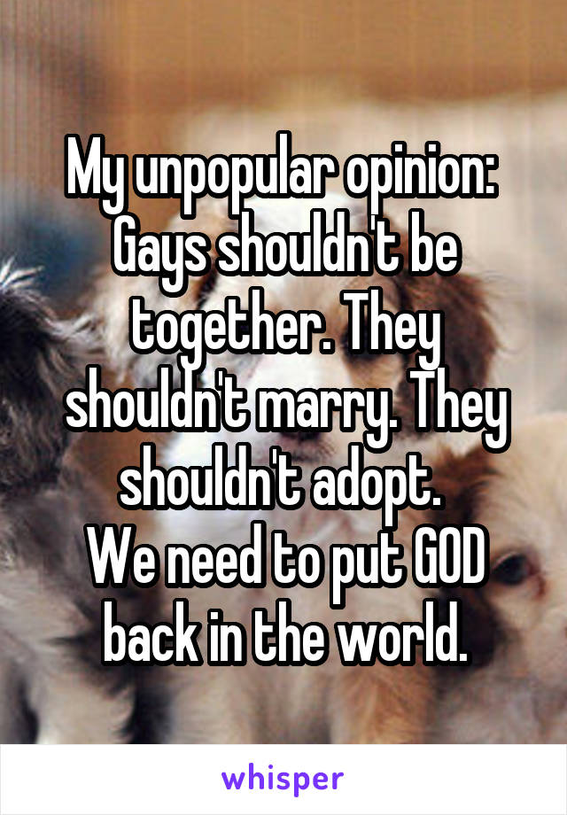 My unpopular opinion: 
Gays shouldn't be together. They shouldn't marry. They shouldn't adopt. 
We need to put GOD back in the world.