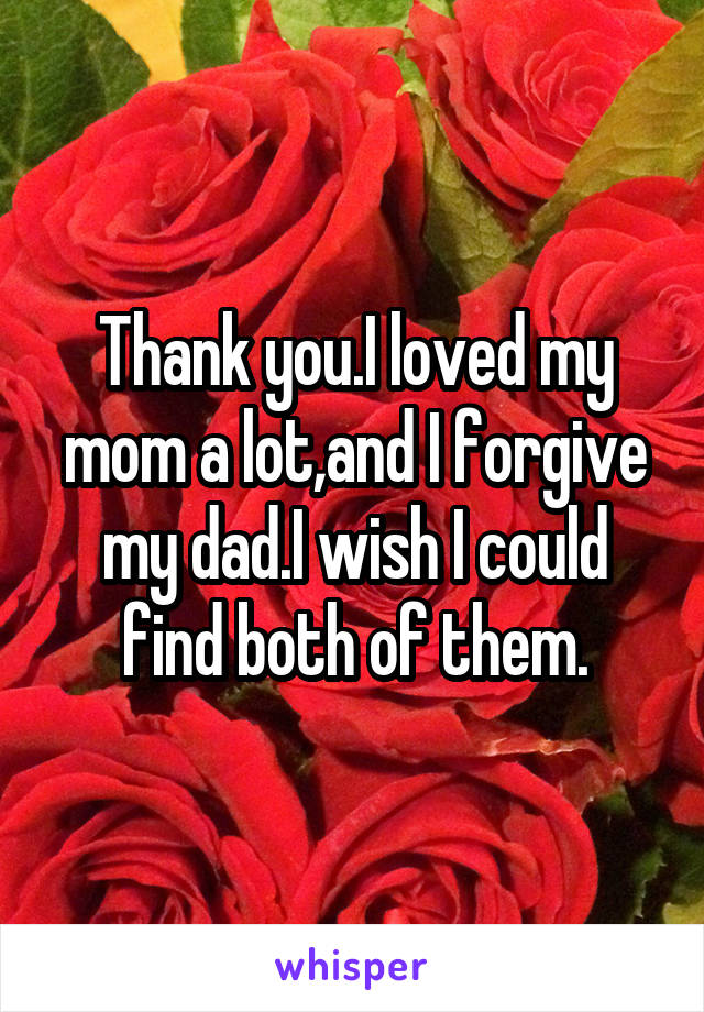 Thank you.I loved my mom a lot,and I forgive my dad.I wish I could find both of them.