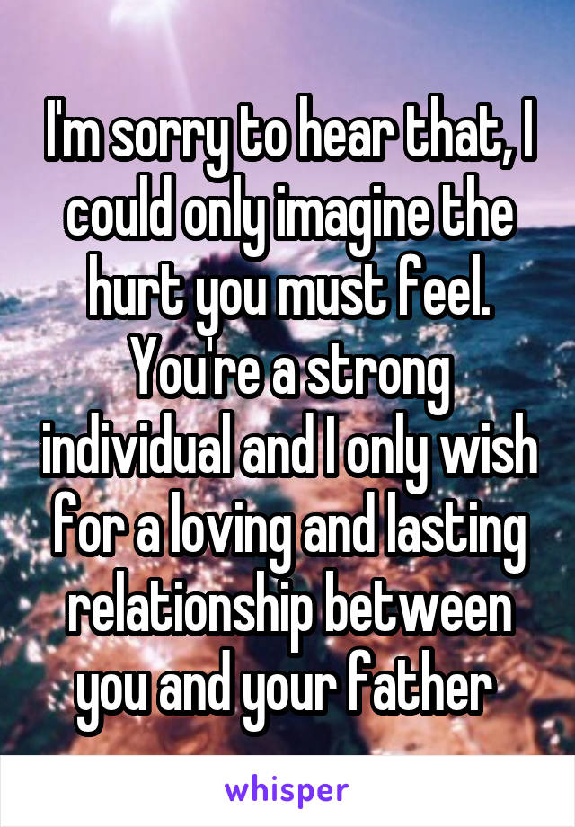 I'm sorry to hear that, I could only imagine the hurt you must feel. You're a strong individual and I only wish for a loving and lasting relationship between you and your father 