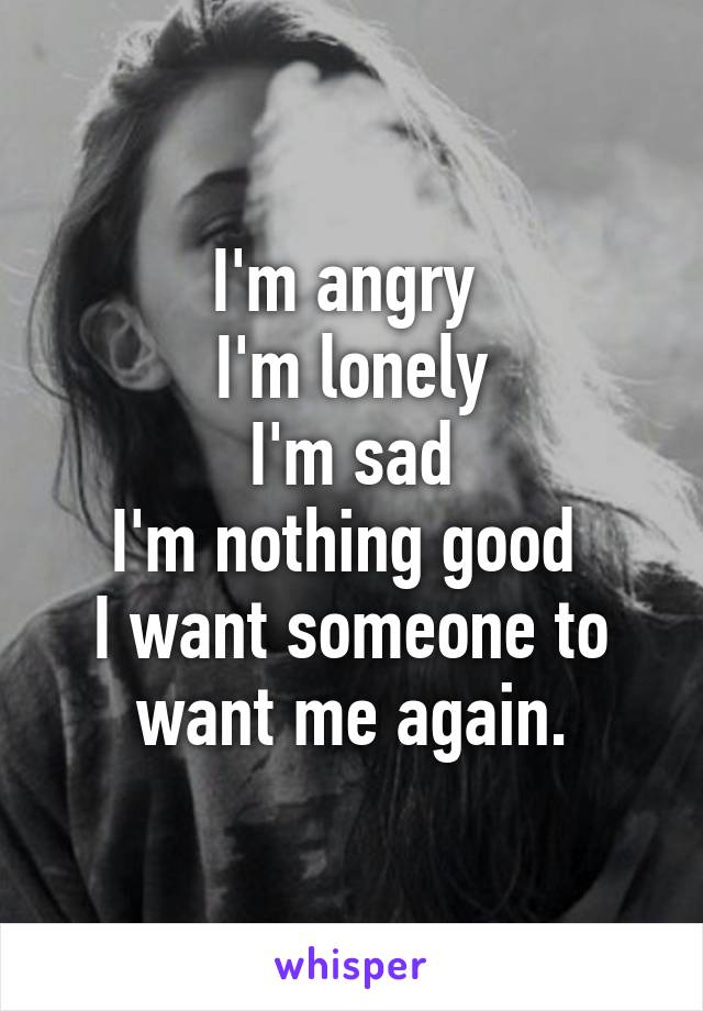 I'm angry 
I'm lonely
I'm sad
I'm nothing good 
I want someone to want me again.