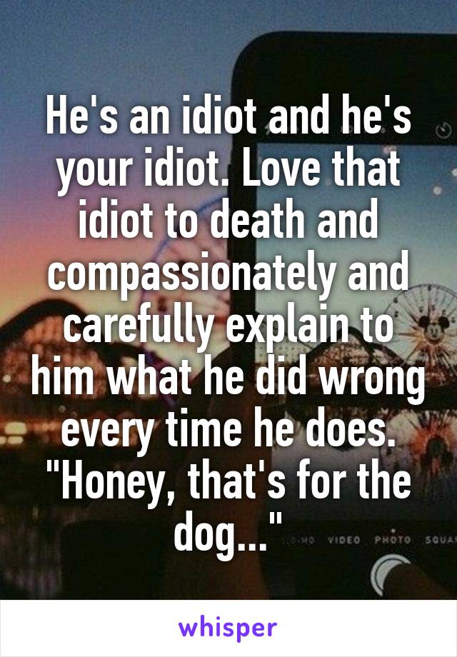 He's an idiot and he's your idiot. Love that idiot to death and compassionately and carefully explain to him what he did wrong every time he does. "Honey, that's for the dog..."