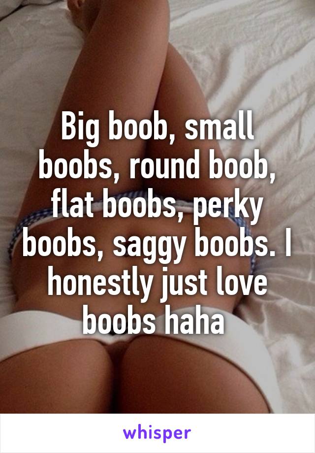 Big boob, small boobs, round boob, flat boobs, perky boobs, saggy boobs. I  honestly just love boobs haha