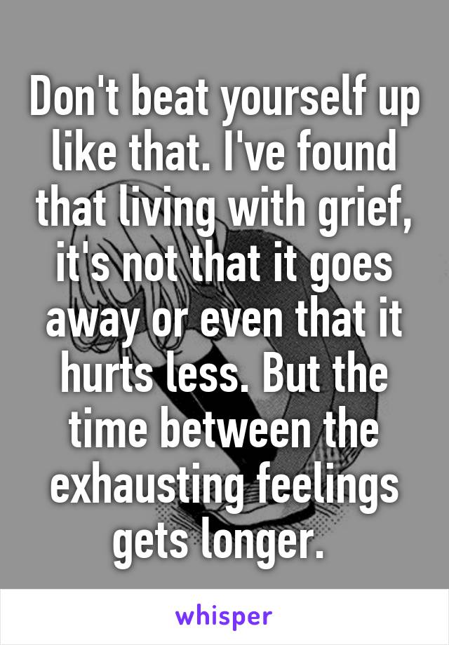 Don't beat yourself up like that. I've found that living with grief, it's not that it goes away or even that it hurts less. But the time between the exhausting feelings gets longer. 