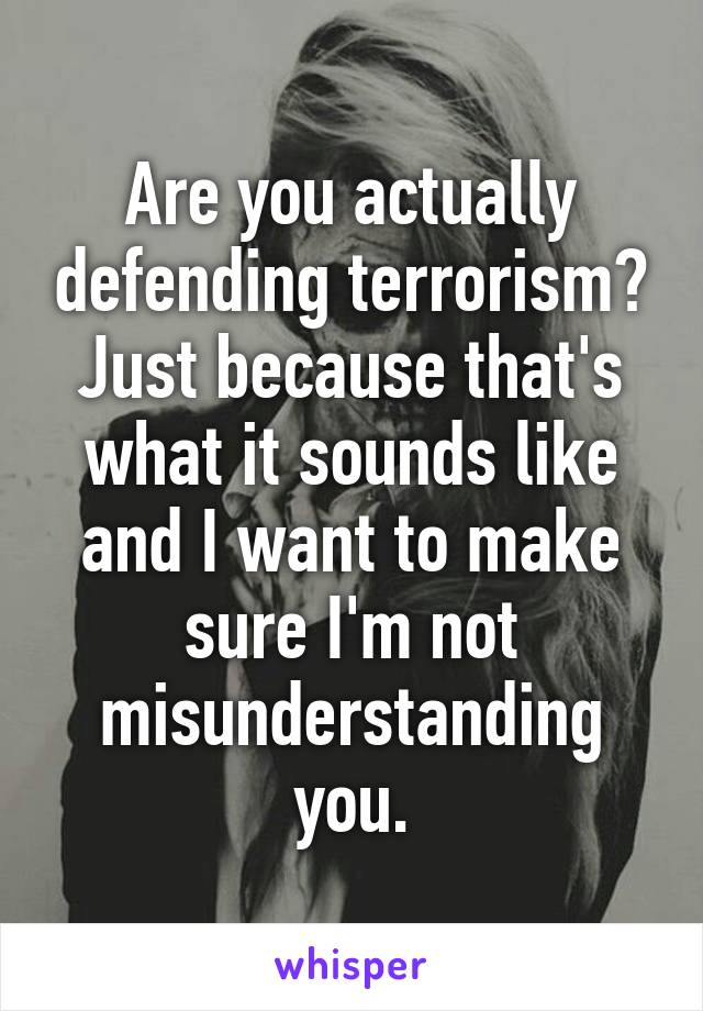 Are you actually defending terrorism? Just because that's what it sounds like and I want to make sure I'm not misunderstanding you.