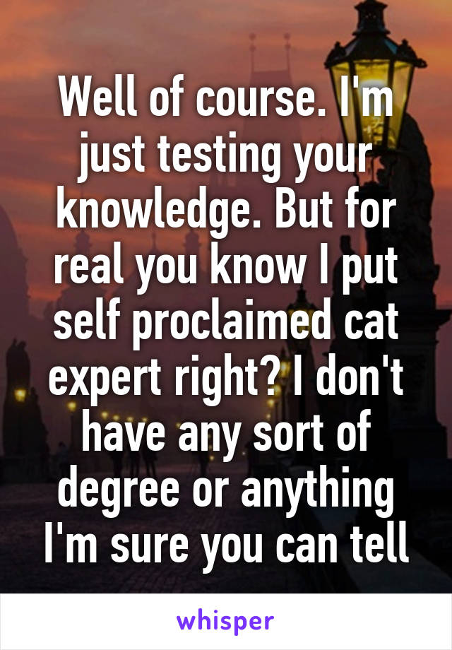 Well of course. I'm just testing your knowledge. But for real you know I put self proclaimed cat expert right? I don't have any sort of degree or anything I'm sure you can tell