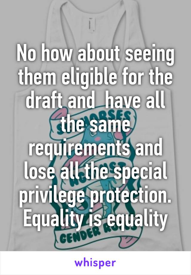 No how about seeing them eligible for the draft and  have all the same requirements and lose all the special privilege protection. Equality is equality