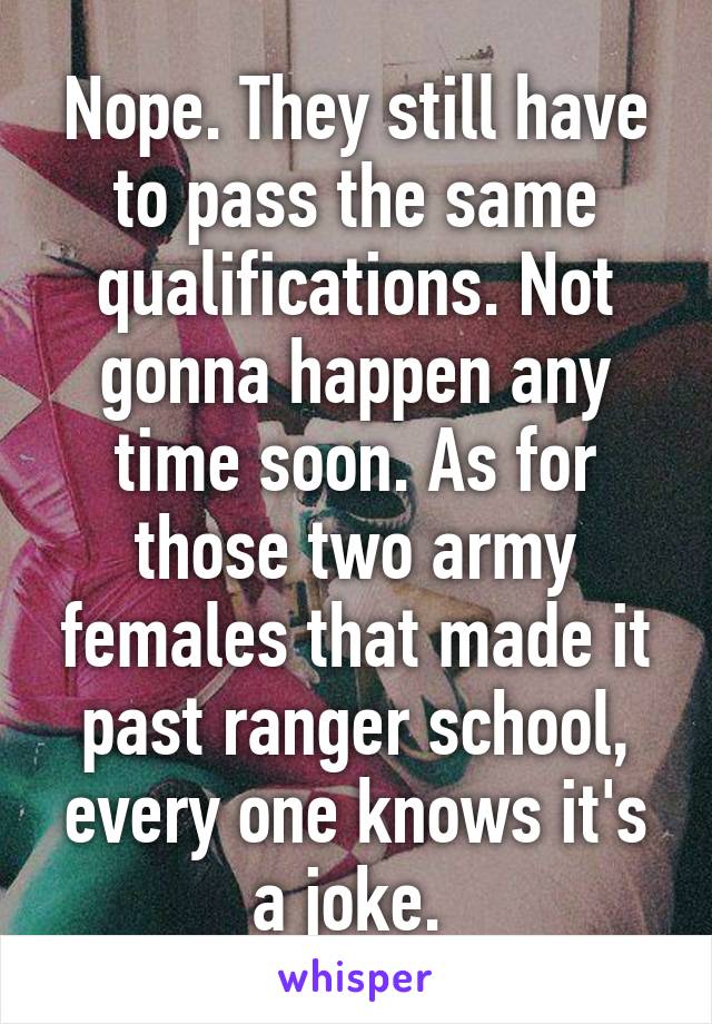 Nope. They still have to pass the same qualifications. Not gonna happen any time soon. As for those two army females that made it past ranger school, every one knows it's a joke. 