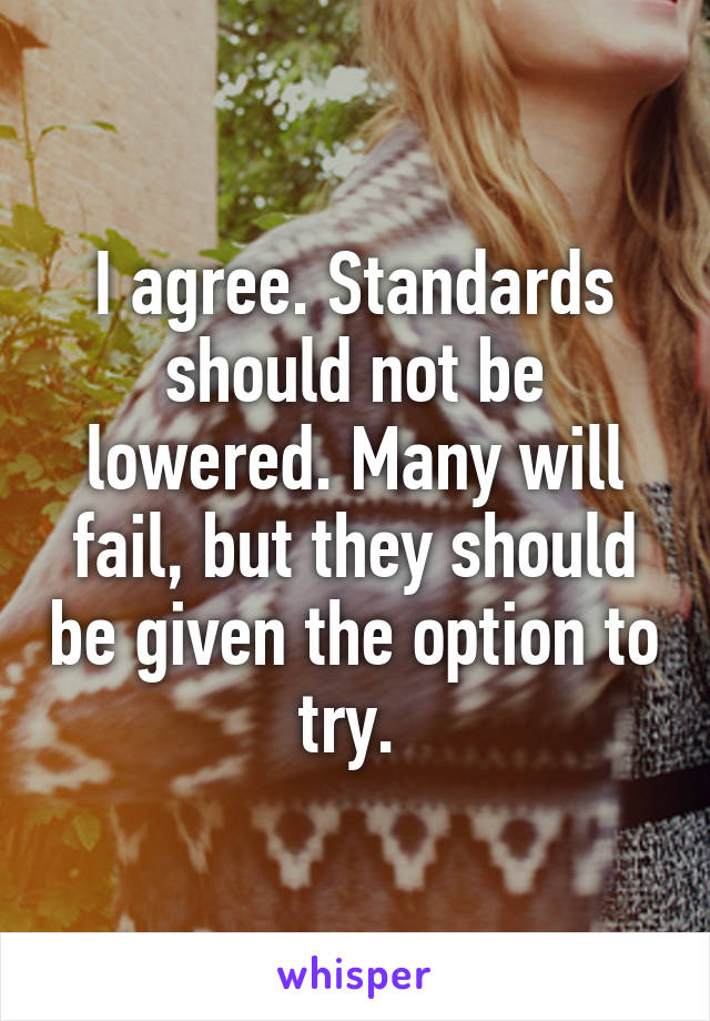 I agree. Standards should not be lowered. Many will fail, but they should be given the option to try. 