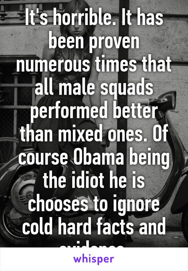 It's horrible. It has been proven numerous times that all male squads performed better than mixed ones. Of course Obama being the idiot he is chooses to ignore cold hard facts and evidence 