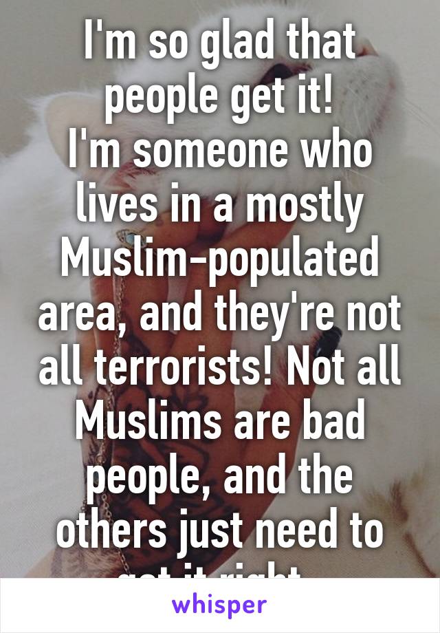 I'm so glad that people get it!
I'm someone who lives in a mostly Muslim-populated area, and they're not all terrorists! Not all Muslims are bad people, and the others just need to get it right. 