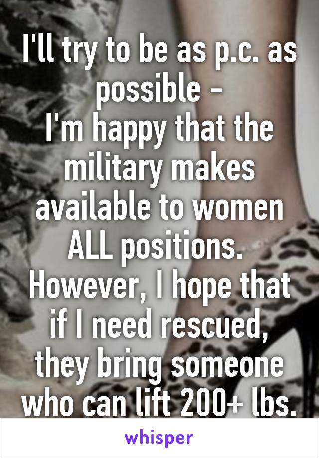 I'll try to be as p.c. as possible -
I'm happy that the military makes available to women ALL positions.  However, I hope that if I need rescued, they bring someone who can lift 200+ lbs.