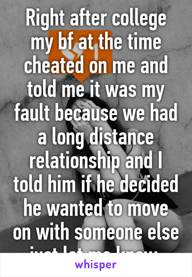 Right after college my bf at the time cheated on me and told me it was my fault because we had a long distance relationship and I told him if he decided he wanted to move on with someone else just let me know 