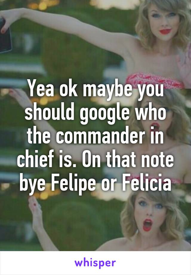 Yea ok maybe you should google who the commander in chief is. On that note bye Felipe or Felicia