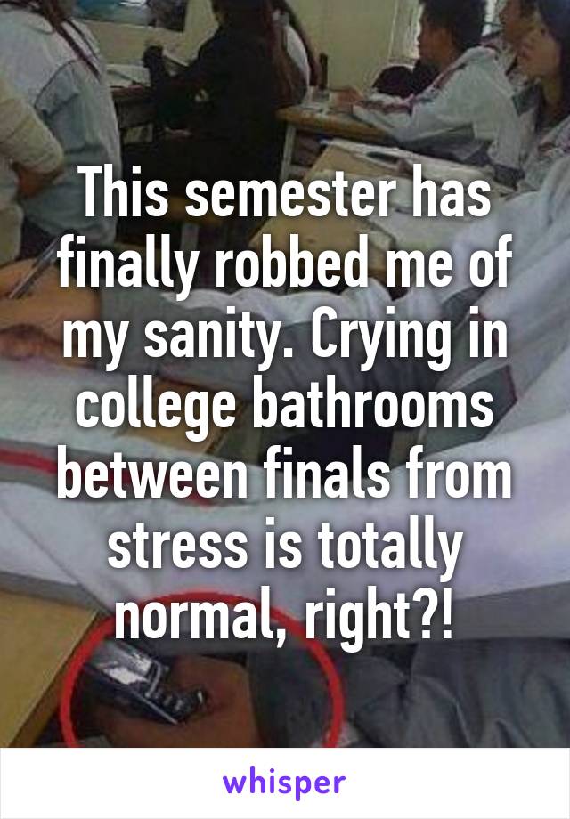 This semester has finally robbed me of my sanity. Crying in college bathrooms between finals from stress is totally normal, right?!