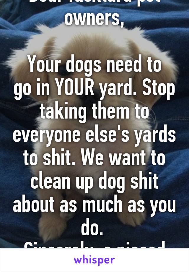 Dear fucktard pet owners,

Your dogs need to go in YOUR yard. Stop taking them to everyone else's yards to shit. We want to clean up dog shit about as much as you do. 
Sincerely, a pissed off person 