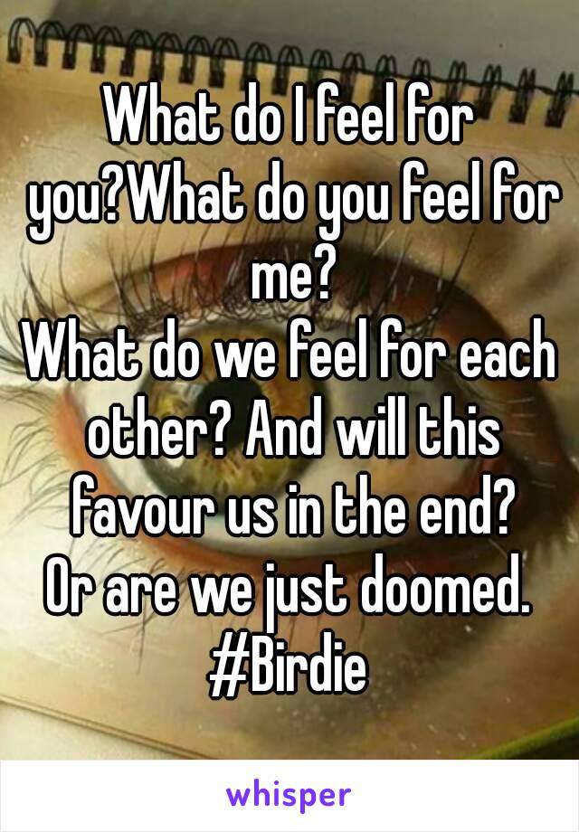 What do I feel for you?What do you feel for me?
What do we feel for each other? And will this favour us in the end?
Or are we just doomed.
#Birdie