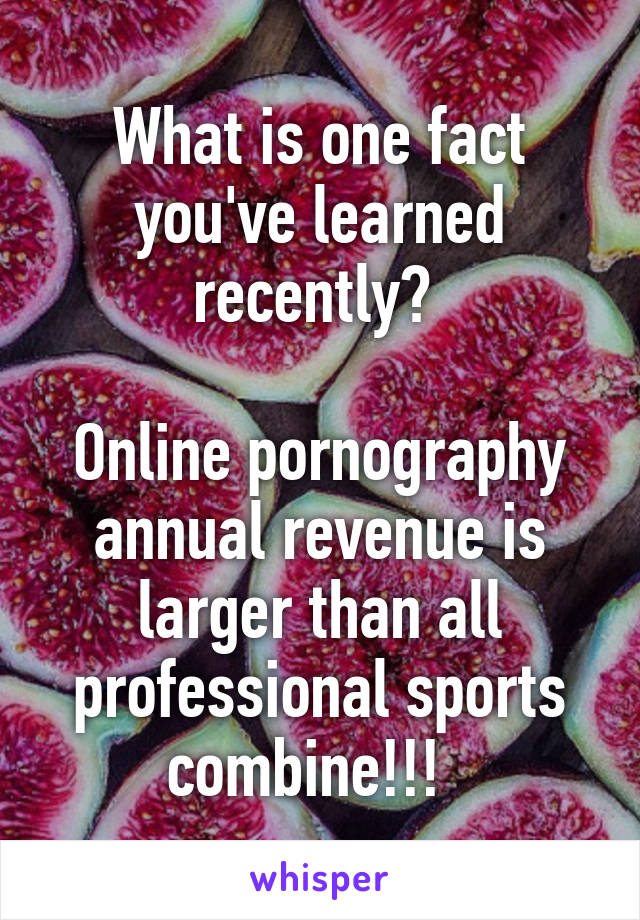 What is one fact you've learned recently? 

Online pornography annual revenue is larger than all professional sports combine!!!  