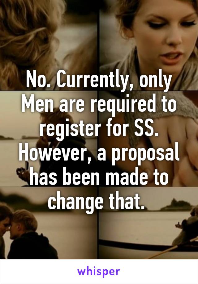 No. Currently, only Men are required to register for SS. However, a proposal has been made to change that. 