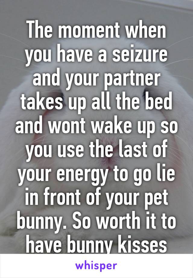 The moment when you have a seizure and your partner takes up all the bed and wont wake up so you use the last of your energy to go lie in front of your pet bunny. So worth it to have bunny kisses