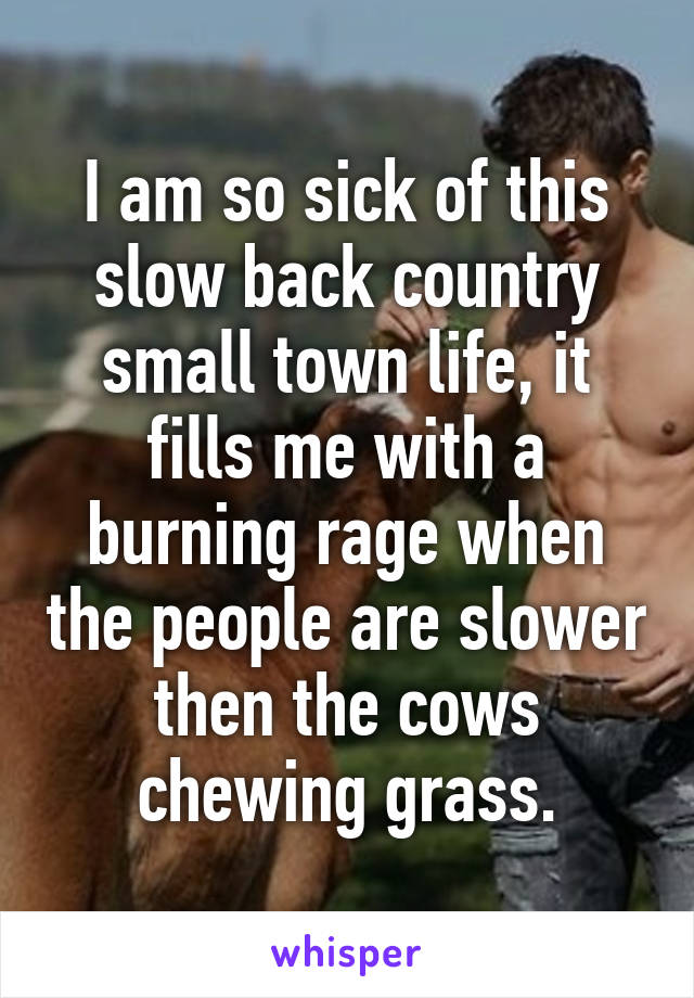 I am so sick of this slow back country small town life, it fills me with a burning rage when the people are slower then the cows chewing grass.