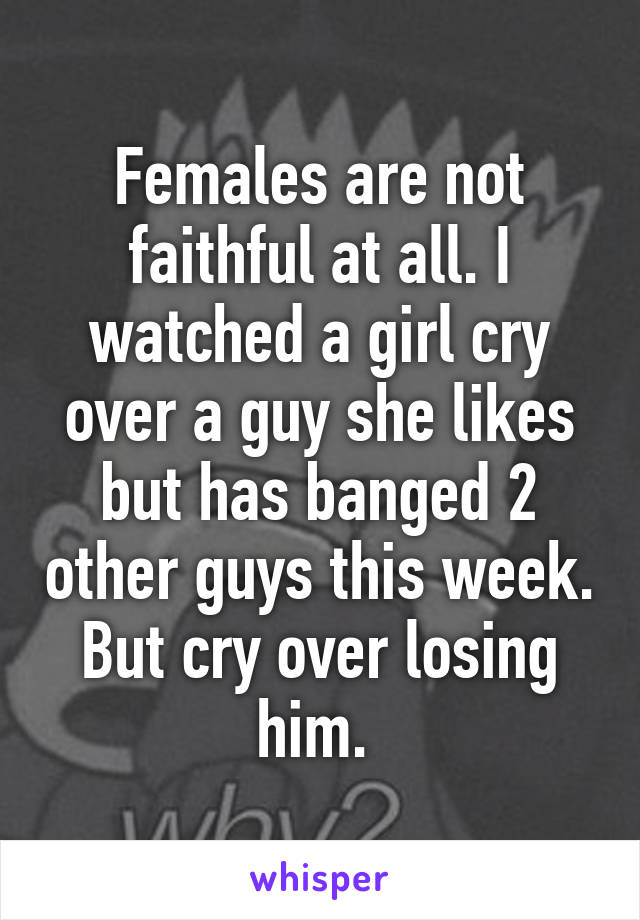 Females are not faithful at all. I watched a girl cry over a guy she likes but has banged 2 other guys this week. But cry over losing him. 