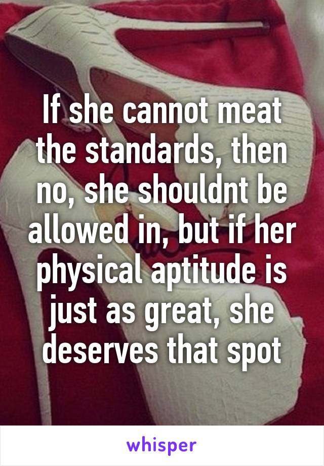 If she cannot meat the standards, then no, she shouldnt be allowed in, but if her physical aptitude is just as great, she deserves that spot