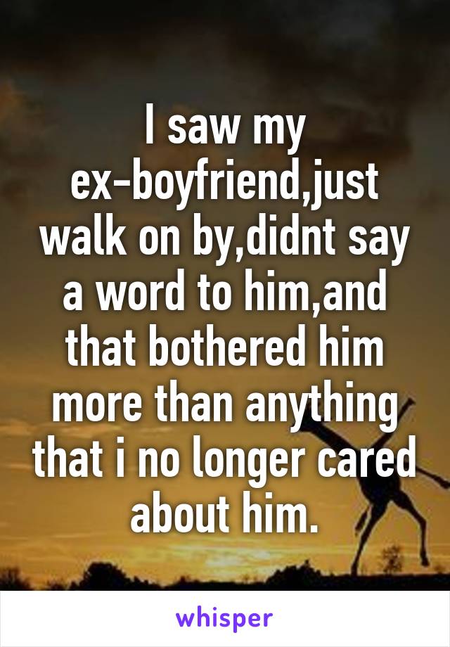 I saw my ex-boyfriend,just walk on by,didnt say a word to him,and that bothered him more than anything that i no longer cared about him.