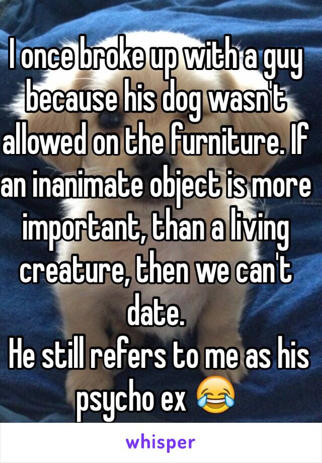 I once broke up with a guy because his dog wasn't allowed on the furniture. If an inanimate object is more important, than a living creature, then we can't date.
 He still refers to me as his psycho ex 😂