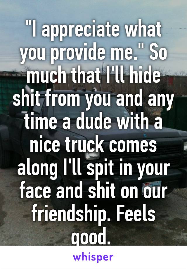 "I appreciate what you provide me." So much that I'll hide shit from you and any time a dude with a nice truck comes along I'll spit in your face and shit on our friendship. Feels good. 