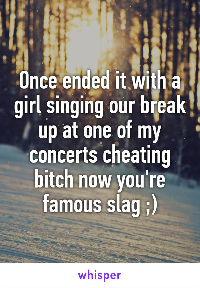 Once ended it with a girl singing our break up at one of my concerts cheating bitch now you're famous slag ;)