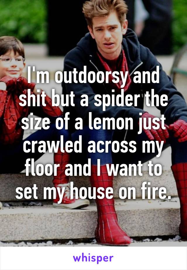 I'm outdoorsy and shit but a spider the size of a lemon just crawled across my floor and I want to set my house on fire.