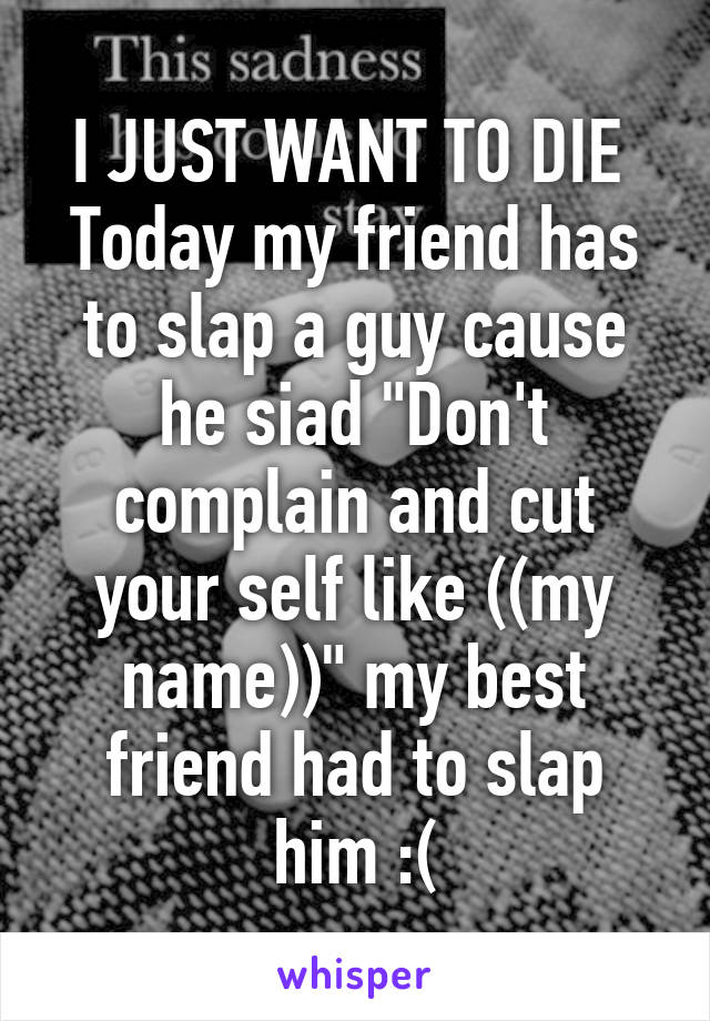 I JUST WANT TO DIE 
Today my friend has to slap a guy cause he siad "Don't complain and cut your self like ((my name))" my best friend had to slap him :(