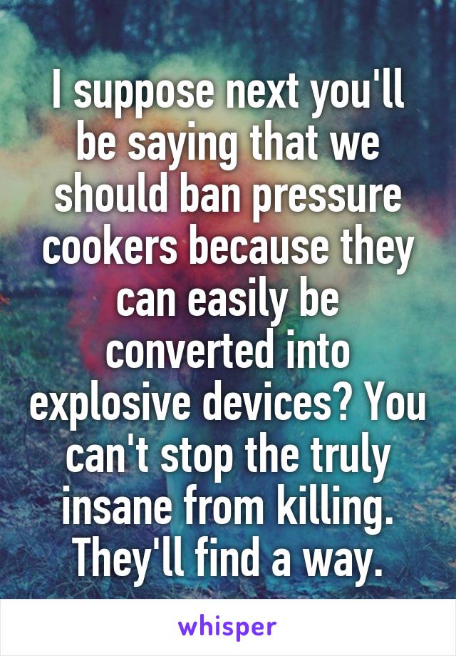 I suppose next you'll be saying that we should ban pressure cookers because they can easily be converted into explosive devices? You can't stop the truly insane from killing. They'll find a way.