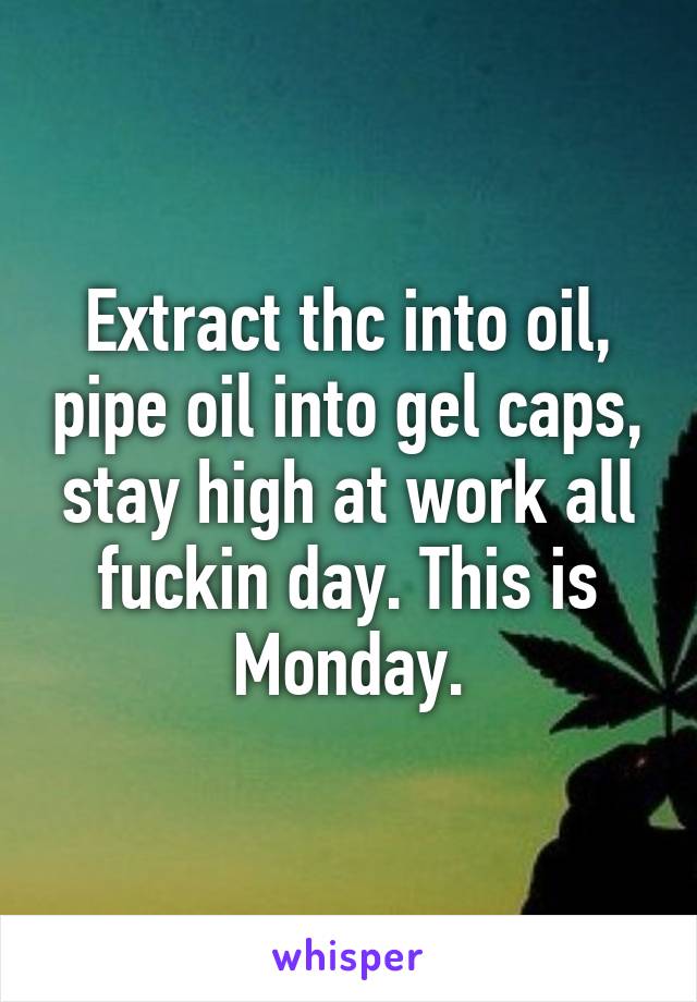 Extract thc into oil, pipe oil into gel caps, stay high at work all fuckin day. This is Monday.