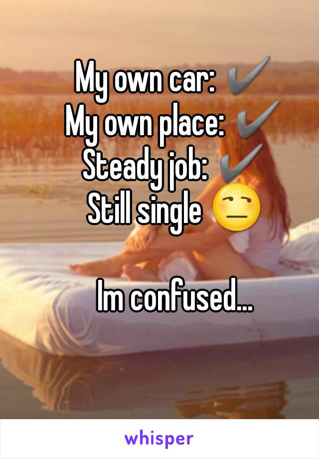 My own car: ✔
My own place: ✔
Steady job: ✔
Still single 😒

Im confused...