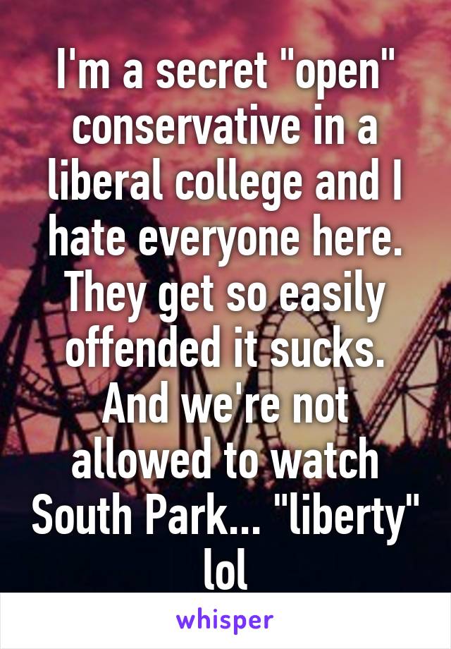 I'm a secret "open" conservative in a liberal college and I hate everyone here. They get so easily offended it sucks. And we're not allowed to watch South Park... "liberty" lol