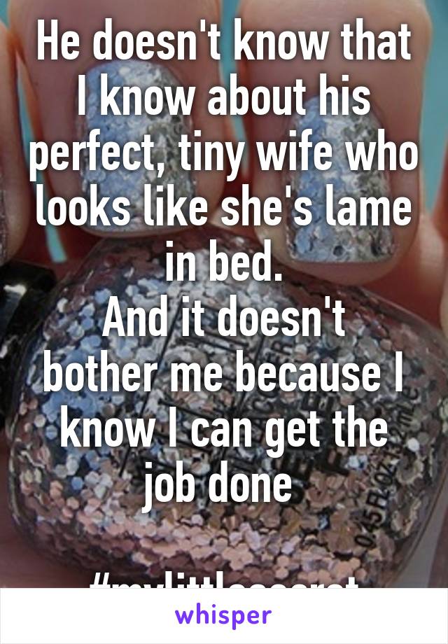 He doesn't know that I know about his perfect, tiny wife who looks like she's lame in bed.
And it doesn't bother me because I know I can get the job done 

#mylittlesecret