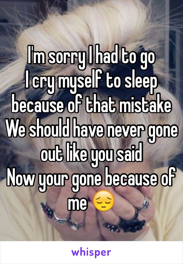 I'm sorry I had to go
I cry myself to sleep because of that mistake
We should have never gone out like you said 
Now your gone because of me 😔