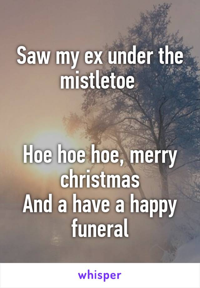 Saw my ex under the mistletoe 


Hoe hoe hoe, merry christmas
And a have a happy funeral