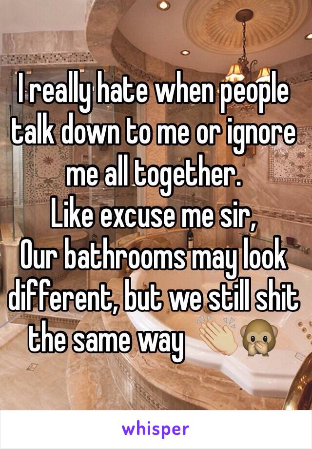 I really hate when people talk down to me or ignore me all together. 
Like excuse me sir,
Our bathrooms may look different, but we still shit the same way  👏🏼🙊