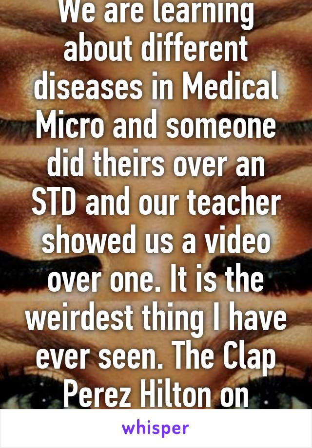 We are learning about different diseases in Medical Micro and someone did theirs over an STD and our teacher showed us a video over one. It is the weirdest thing I have ever seen. The Clap Perez Hilton on YouTube.